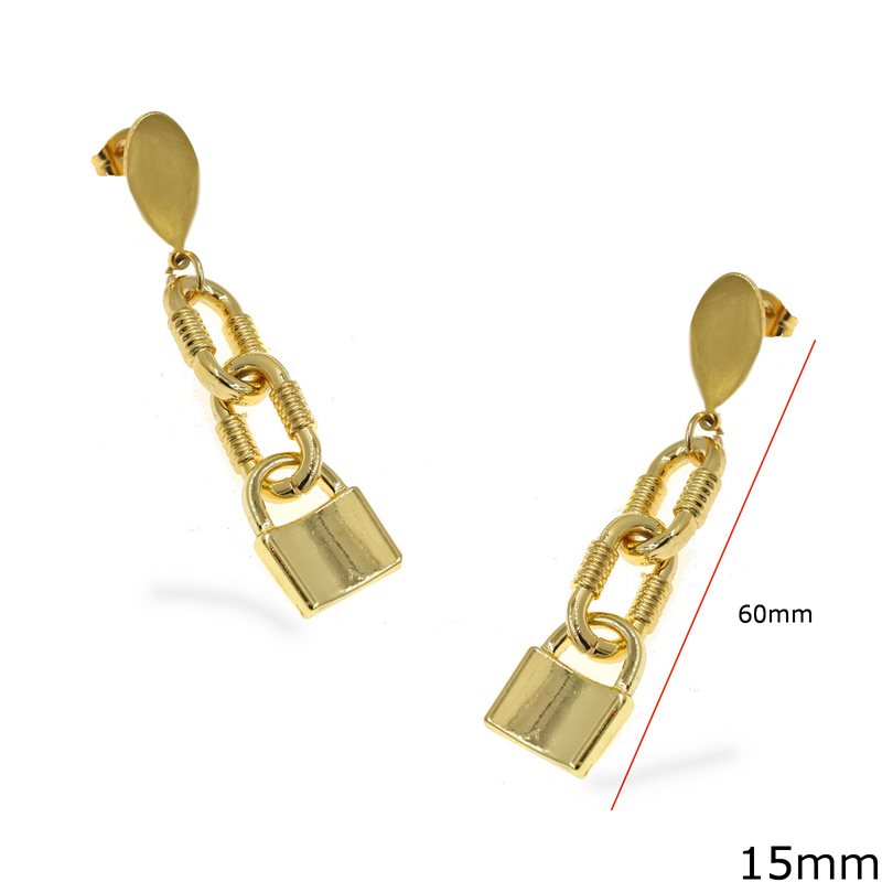Σκουλαρίκια Ατσάλινα Καρφί Οβάλ με Κρίκους 15mm και Λουκέτο 14mm, Χρυσό