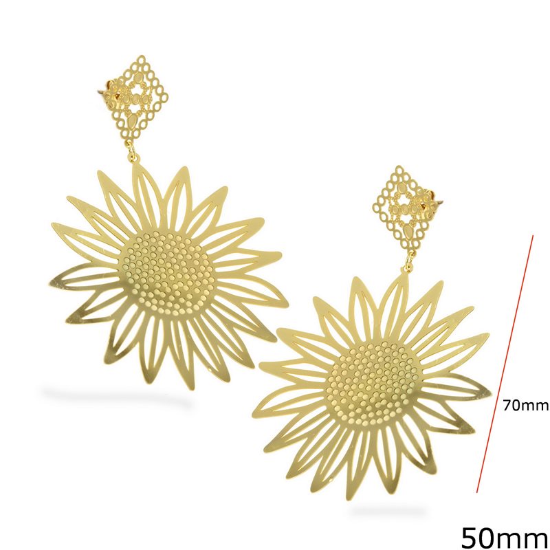 Σκουλαρίκια Ατσάλινα με Κρεμαστές Μαργαρίτες 50mm, Χρυσό