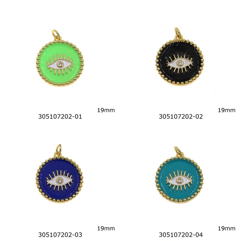Metallic Evil Eye Disk Pendant with Enamel 19mm