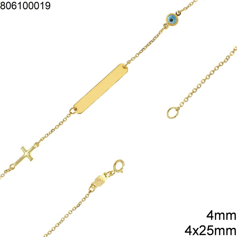 Gold Bracelet Tag 4x25mm, Cross 7x14mm and Round Evil Eye 4mm K9 1.25gr
