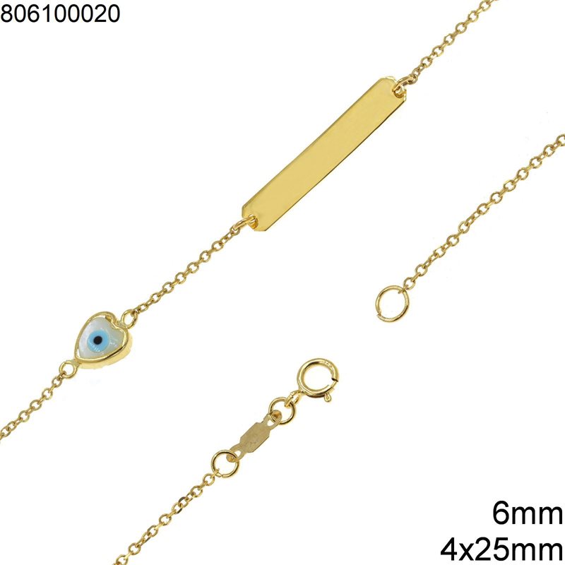 Gold Bracelet Tag 4x25mm with Mop-shell Heart Evil Eye 6mm K9 1.03gr