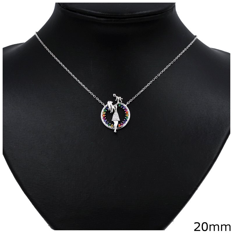 Silver 925 Necklace Circle with Mom and child with Multi Color Stones 20mm