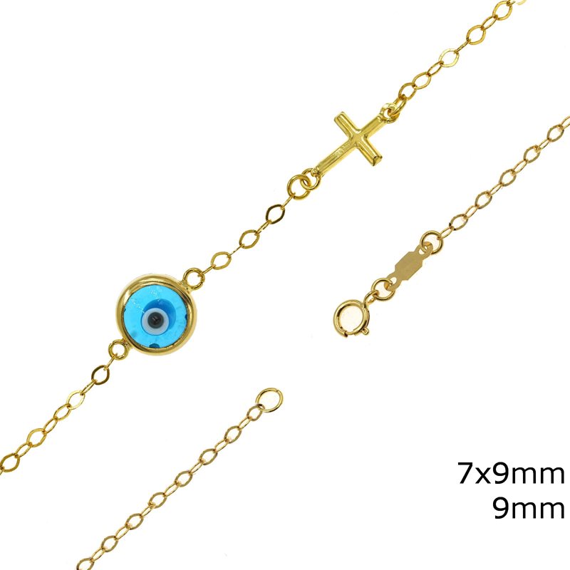 Gold Bracelet with Glass Evil Eye 9mm and Cross 7x9mm K9  1,44gr