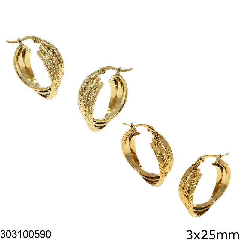 Stainless Steel Triple Hoop Earrings with Pattern 3x25mm