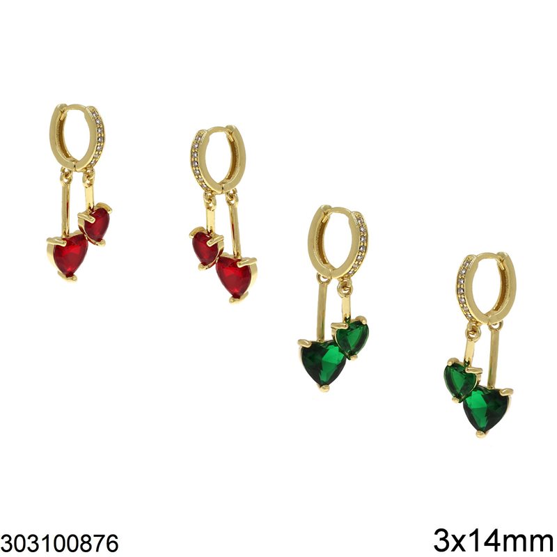 Metallic Hoop Earrings 3x14mm with Stones and Hanging Hearts 6-8mm