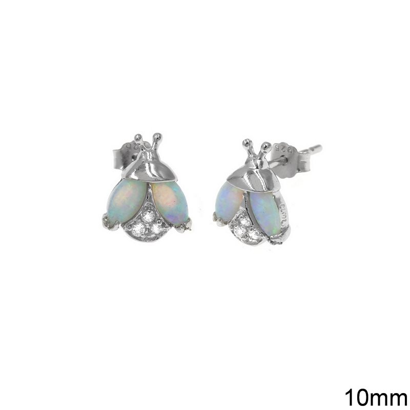 Silver 925 Earring Stud Ladybug with Opal 10mm