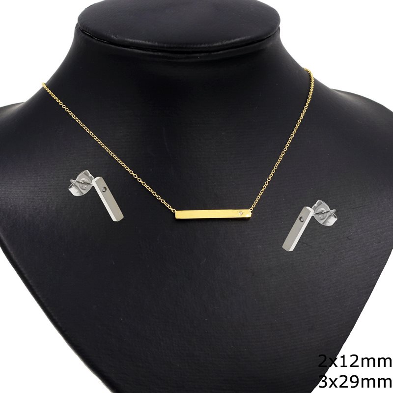 Stainless Steel Set Necklace Bar with Zircon 3x29mm and Bar Earrings 2x12mm