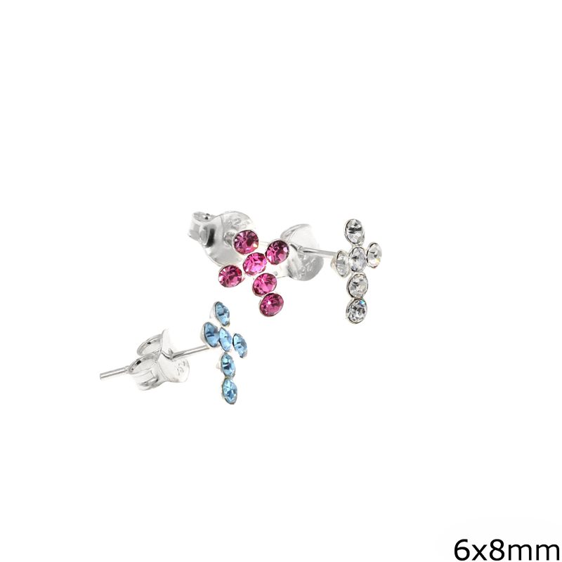Silver 925 Earrings Cross with Rhinestones 6x8mm