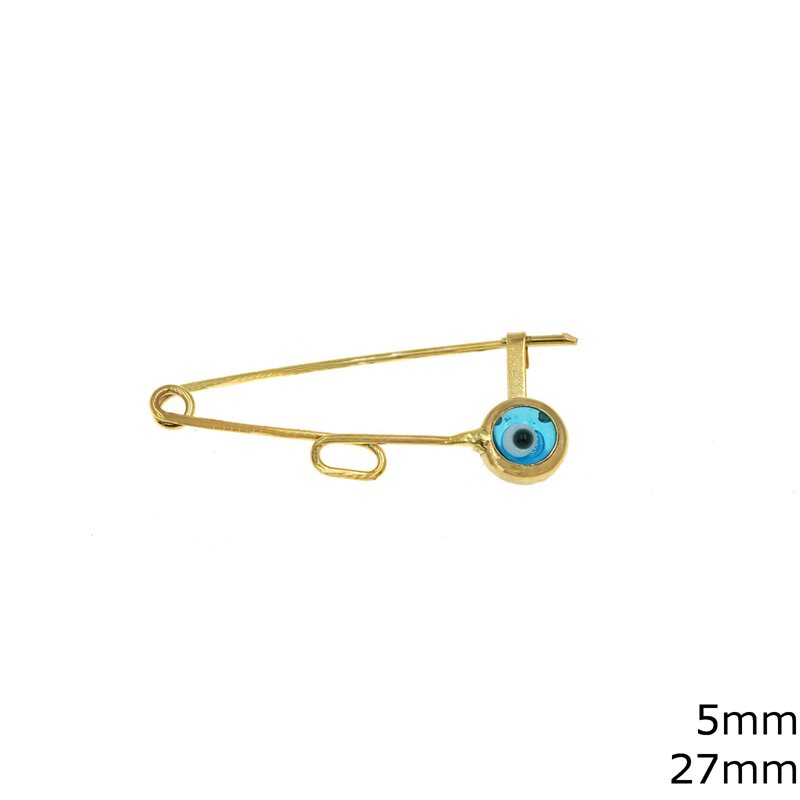 Gold Safety Pin with Loop 27mm and Glass Evil Eye 5mm K9 0.54gr