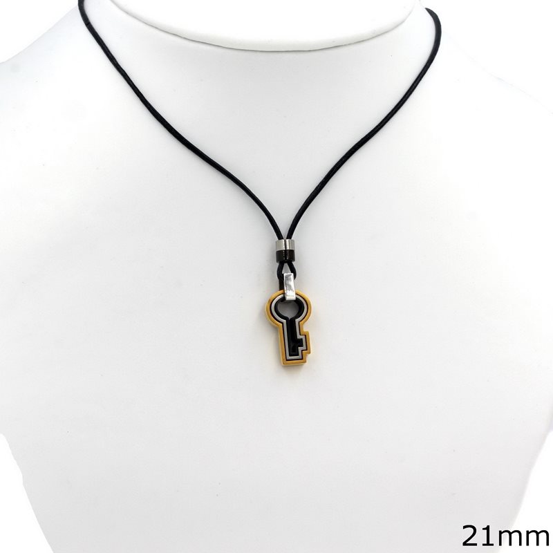 Stainless Steel Necklace with Key 21mm and Leather Cord 