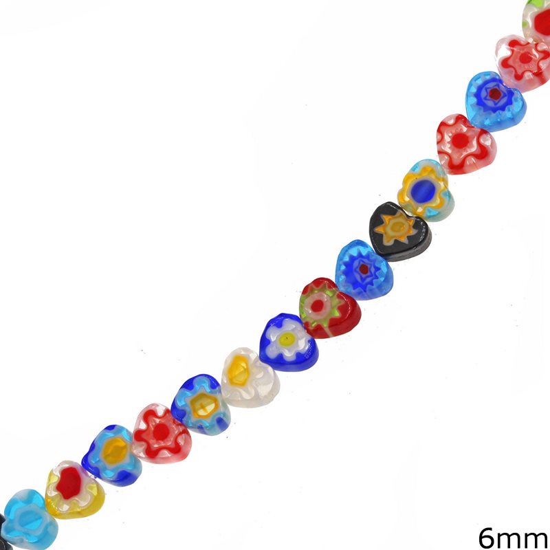 Millefiori Glass Flat Heart Beads 6mm