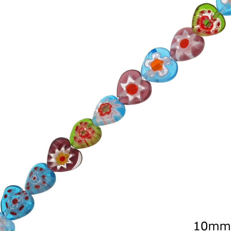 Χάνδρα Γυάλινη Millefiori  Καρδιά Πλακέ 10mm