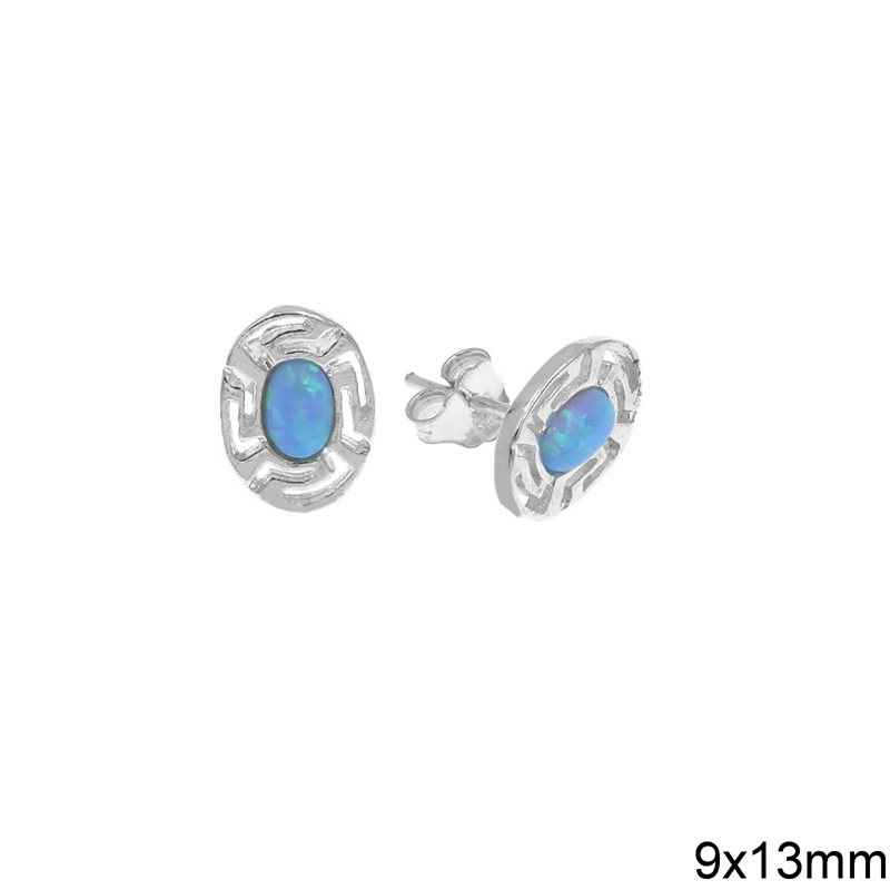 Silver 925  Oval Earrings with Meander 9x13mm and Opal Stone 6x4mm