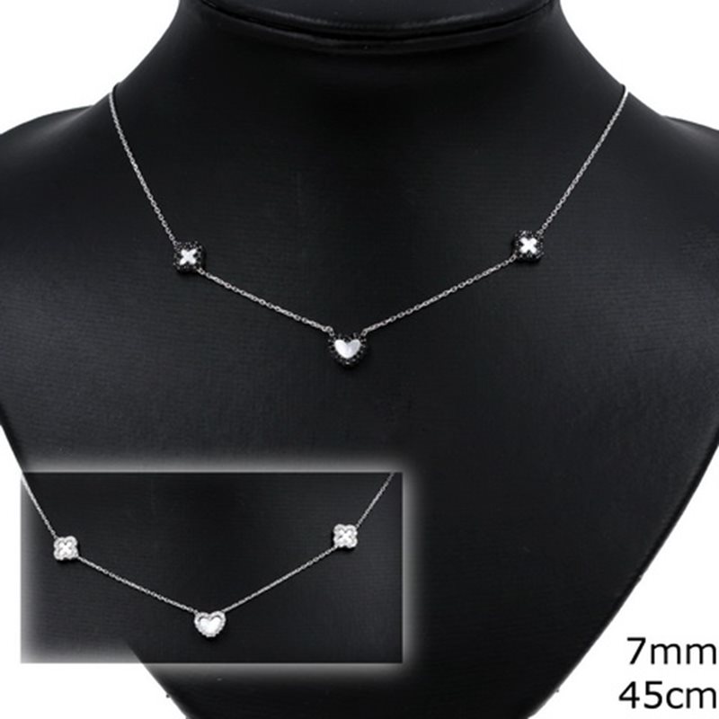 Gold Necklace Cross and Heart Double Sided with Zircon 7mm, 45cm K14 3.22gr