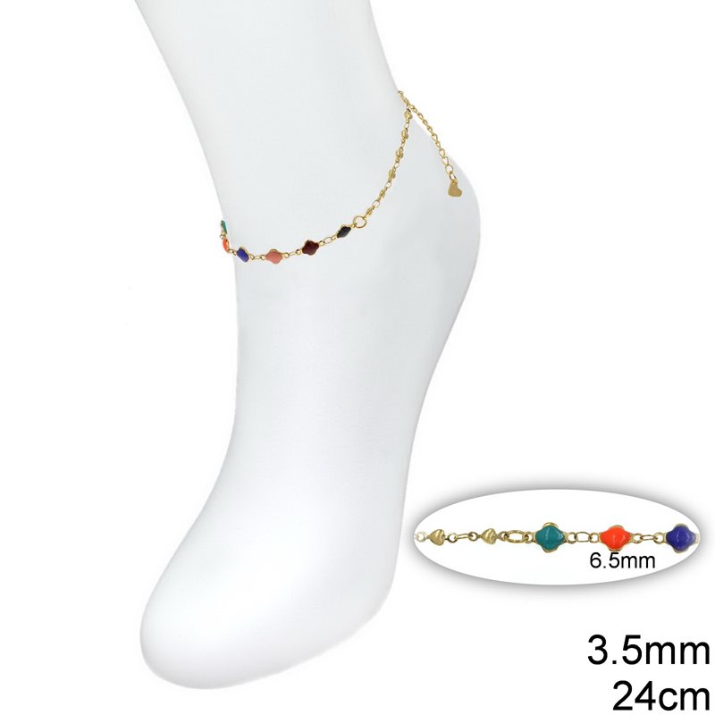 Stainless Steel Anklet with Enameled Crosses 6.5mm and Heart Link Chain 3.5mm