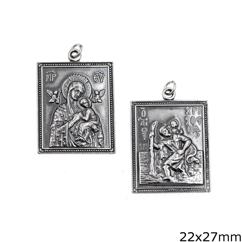 Silver 925 Pendant Double Sided Holy Mary 22x27mm