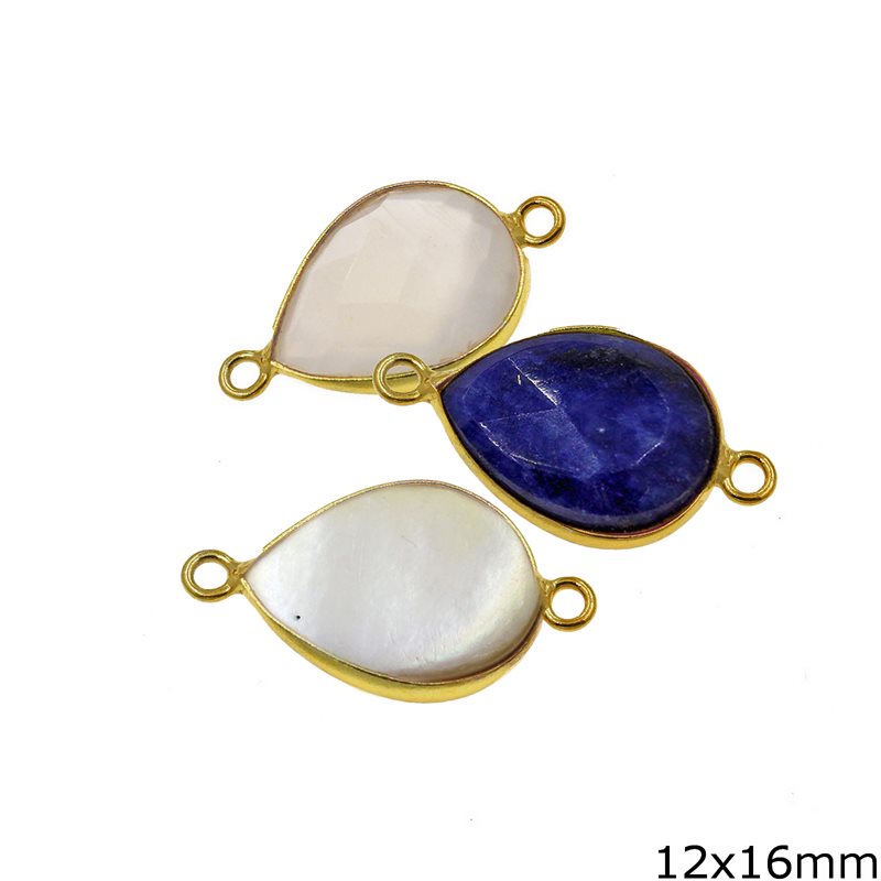 Silver 925 Bezel Pearshaped Spacer  with Semi Precious Stone 12x16mm