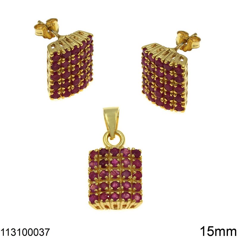 Silver 925 Set of Earrings and Pendant Square and Stones 15mm