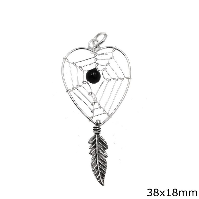 Silver  925 Pendant Heart with Dreamcatcher with Feather 38x18mm