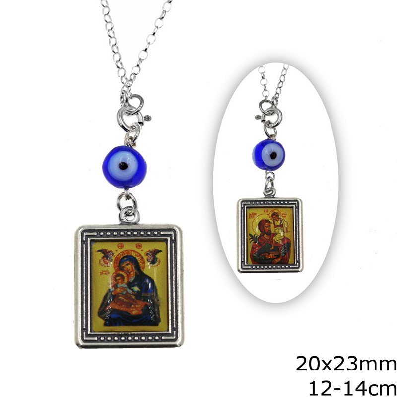 Silver 925  Car Amulet Double Sided with Plastic Icon 20x23mm with Evil Eye,12-14cm
