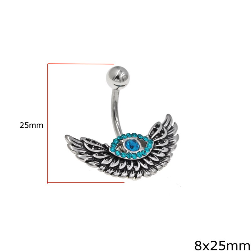 Stainless Steel Belly Button Ring Feather 8x25mm with Evil Eye
