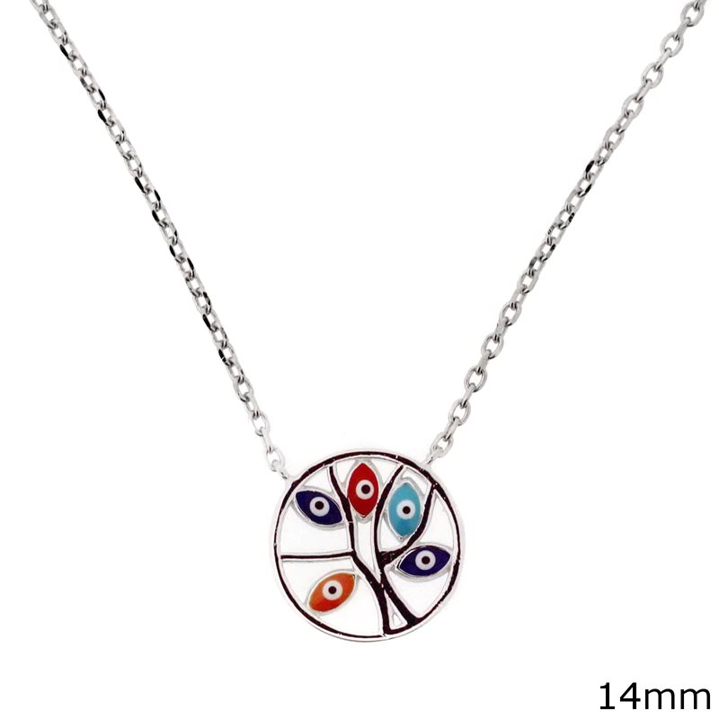 Silver 925 Necklace Tree of Life in Circle with Enameled Evil Eyes 14mm