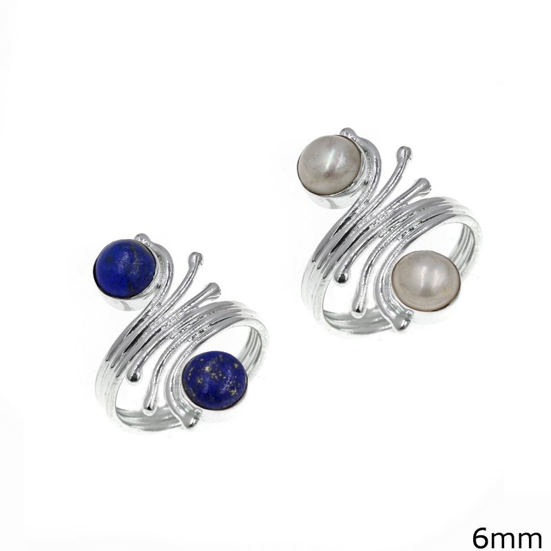 Silver  925 Ring with Triple Wire and Round Semi Precious Stones 6mm
