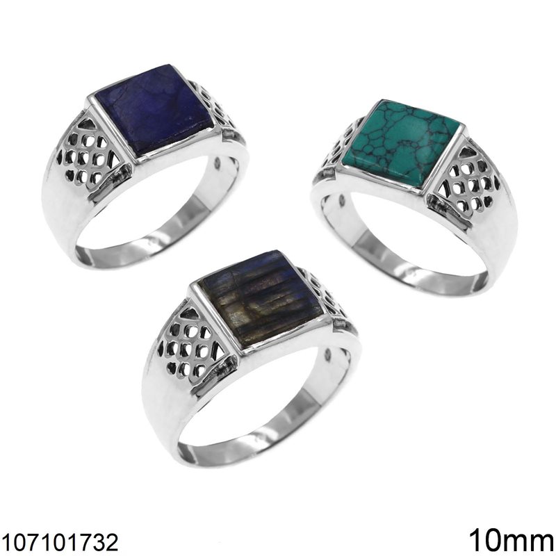 Silver 925 Male Ring with Square Semi Precious Stone 10mm