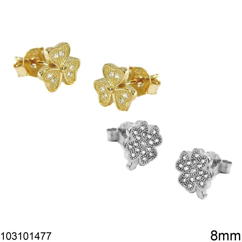 Silver 925 Earring Studs Clover with Zircon 8mm