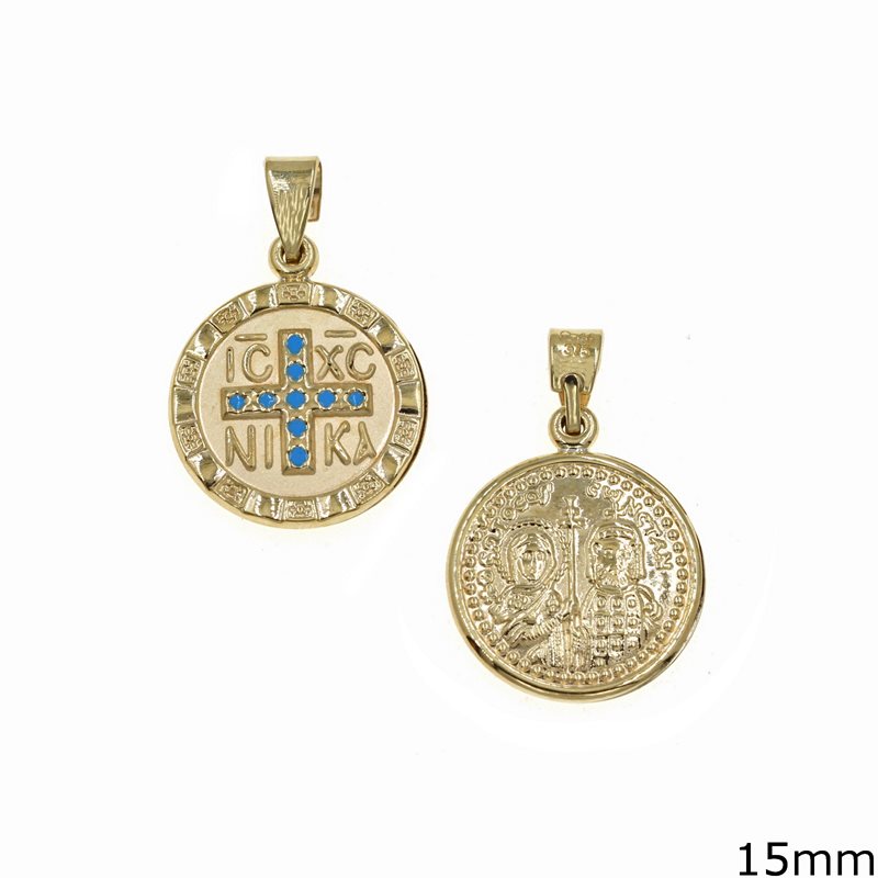 Gold Constantinato Coin with Enameled Cross 15mm K9 0.92gr