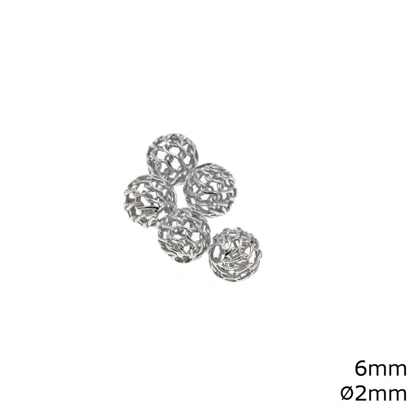 Silver 925 Lacy Bead 6mm, Hole 2mm Rhodium Plated