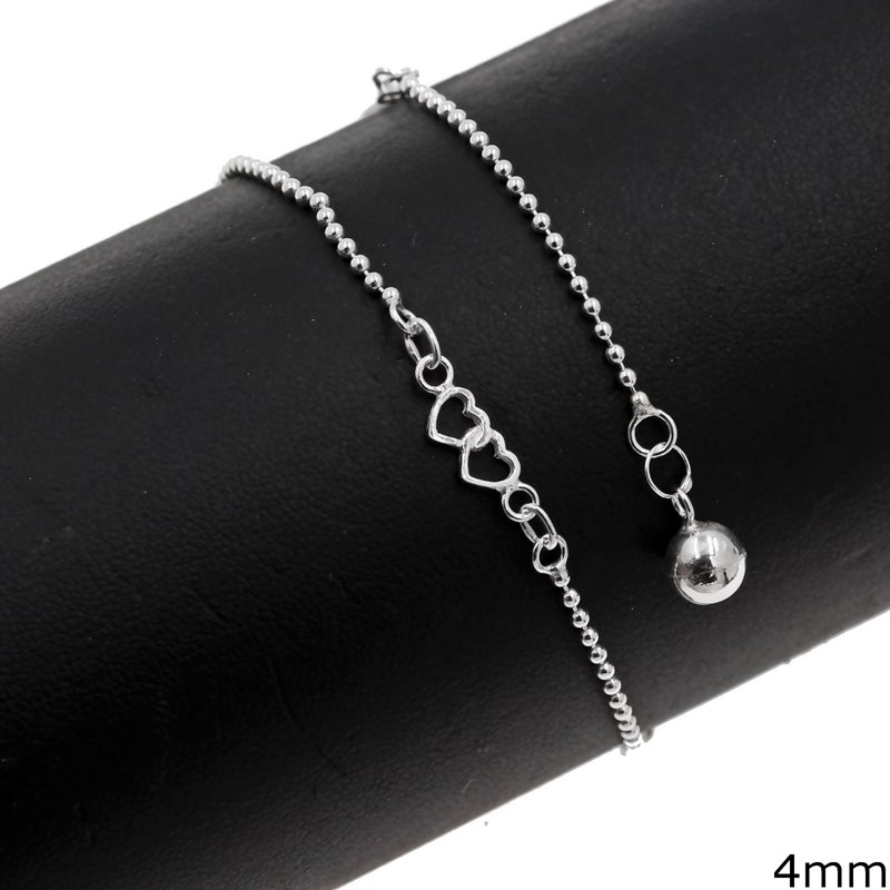 Silver 925 Anklet with Hearts 4mm and Ball Chain 