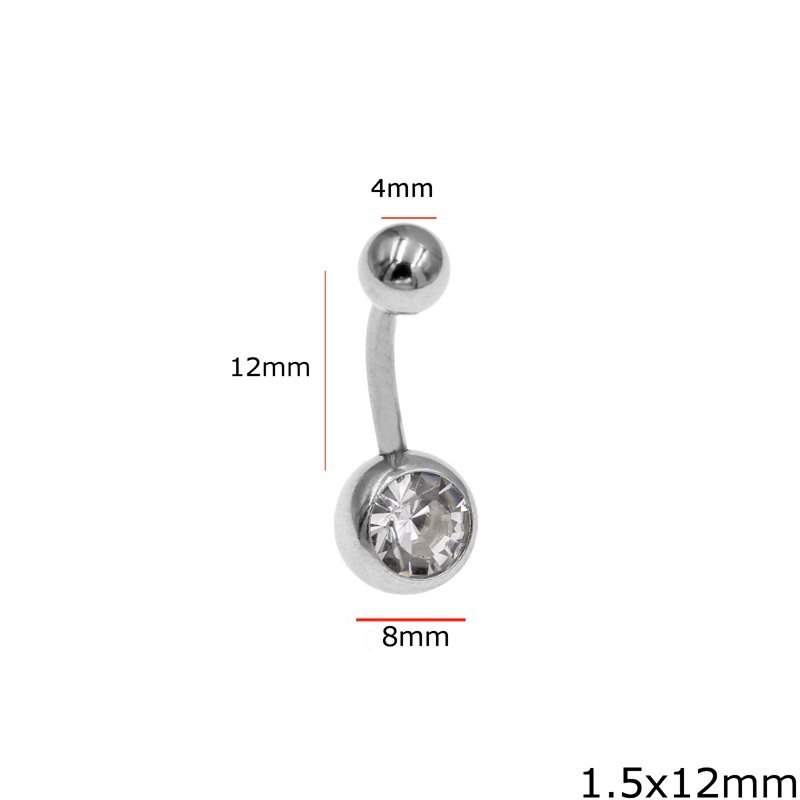 Stainless Steel Belly Button Ring 12mm with Balls 4&8mm with Rhinestones