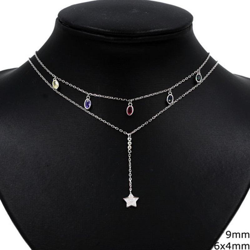 Silver 925 Double Necklace with Star 9mm and Oval Motif 6x4mm