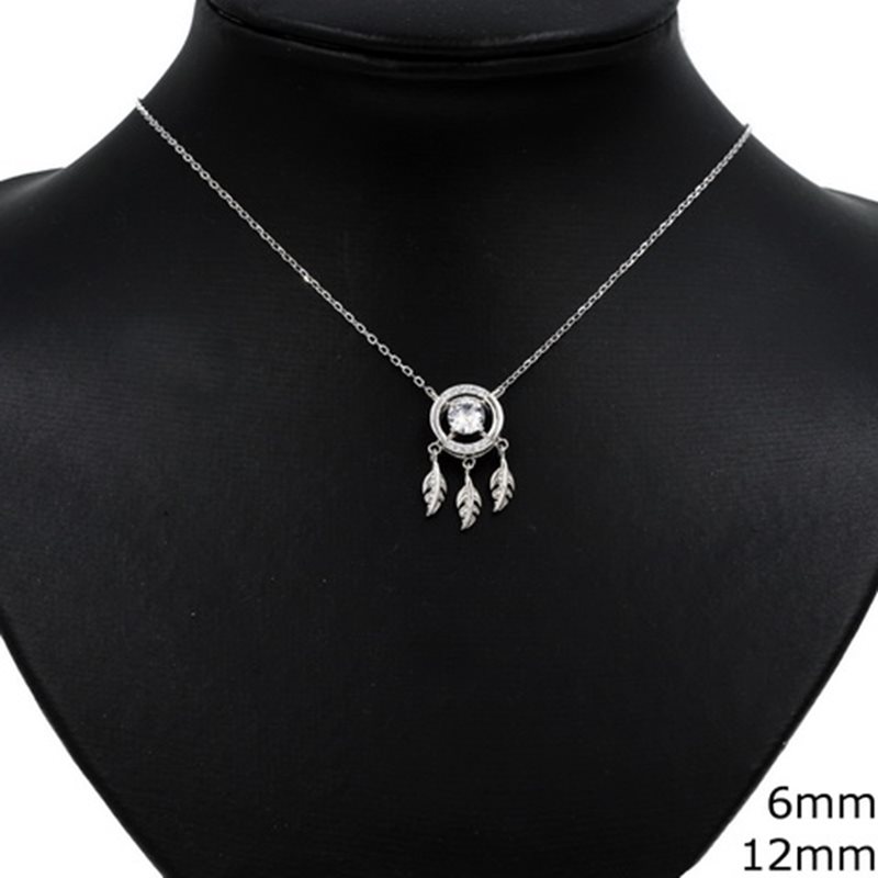 Silver 925 Necklace with Outline Style Circle 12mm, Zircon 6mm and Feathers 