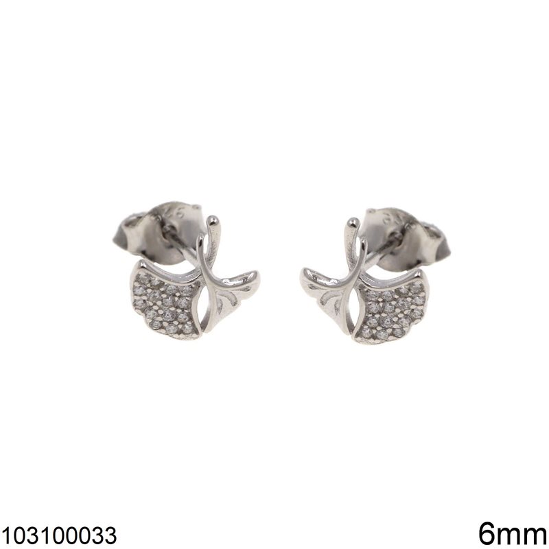 Silver 925 Stud Earrings Leaves with Stones 6mm