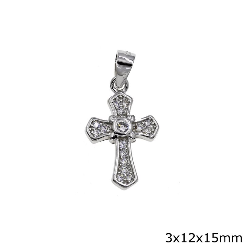 Silver 925 Pendant Cross with Triangle Edges and Zircon 3x12x15mm