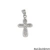Silver 925 Pendant Cross with Oval Edges and Zircon 4x12x16mm