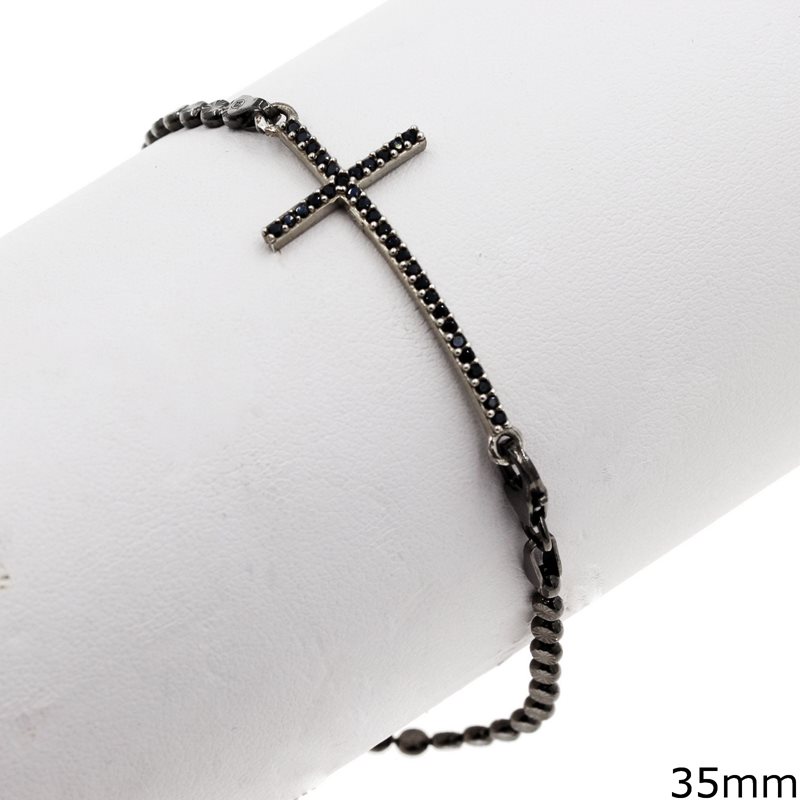 Silver 925 Bracelet Cross with Zircon 35mm and Diamond Cut Flat Round Chain 