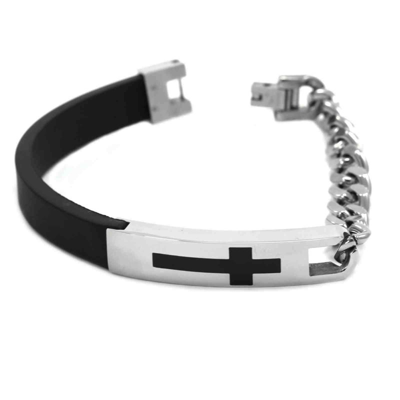 Stainless Steel Bracelet Flat Rubber Cord with Chain & Buckle with Cross