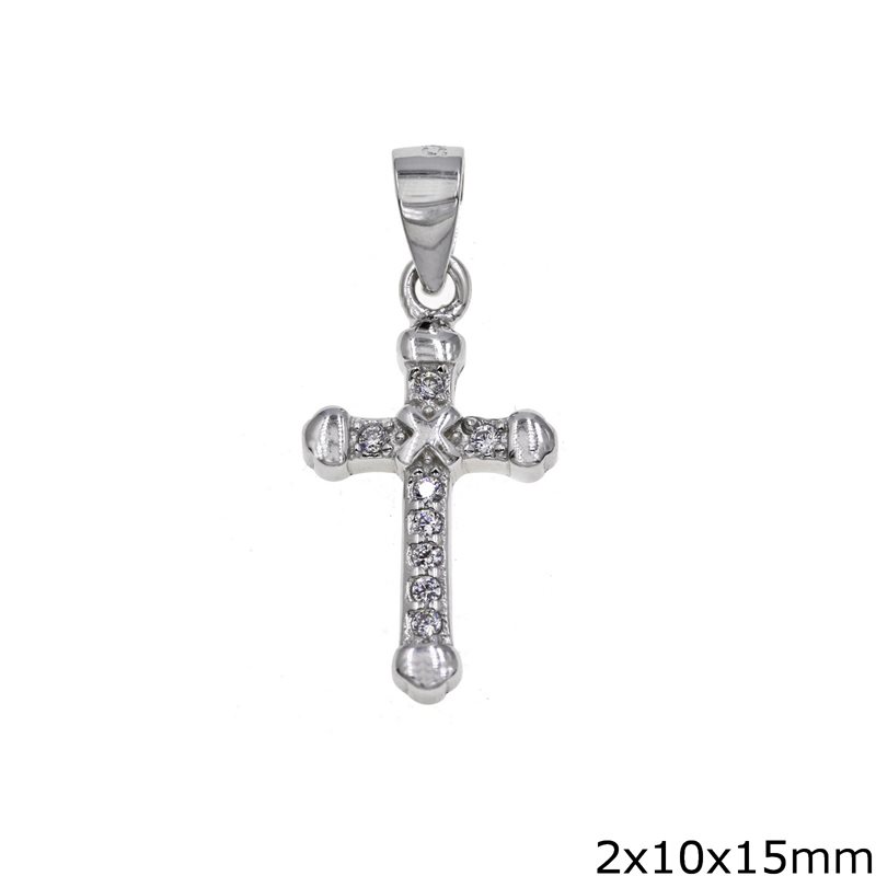 Silver 925 Pendant Cross with Loustre Edges and Zircon 3x13x20mm