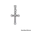 Silver 925 Pendant Cross with Loustre Edges and Zircon 3x13x20mm