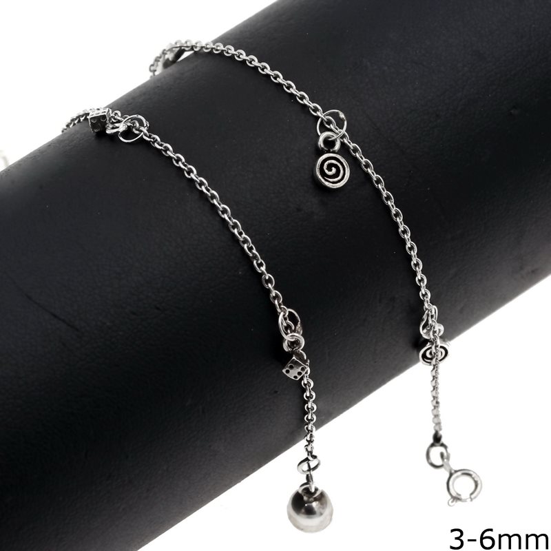 Silver 925 Anklet with Hanging Motif 3-6mm