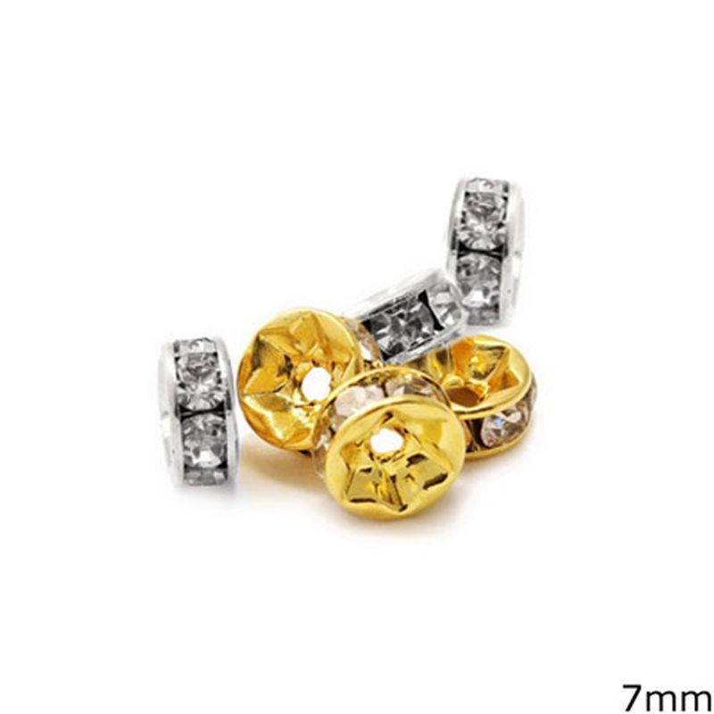 Brass Rondelle with Rhinestone 7mm, N/f