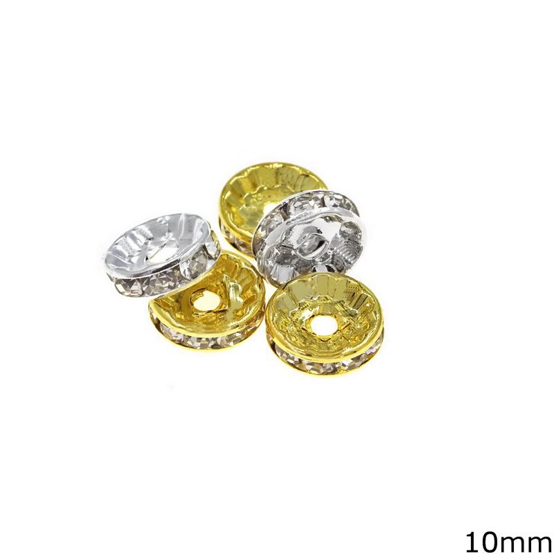 Brass Rondell with Rhinestone 10mm, N/F