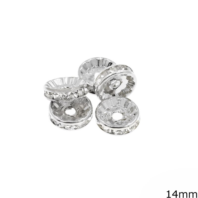 Brass Rondelle with Rhinestone 14mm, N/F