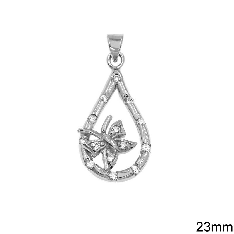 Silver 925 Pendant Pearshape with Butterfly and Zircon 23mm