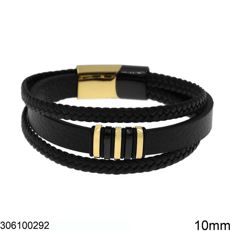 Stainless Steel Bracelet with Flat Imitation Leather Cord 10mm & 2 Braided Cords 5mm