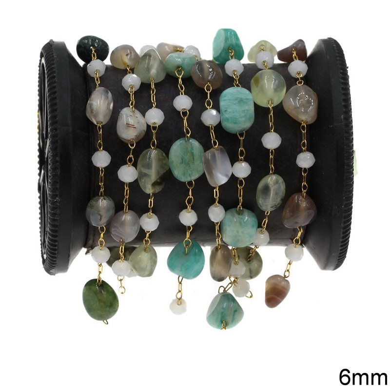 Stainless Steel Chain with Agate Beads 6mm and Faceted Rondelle Beads