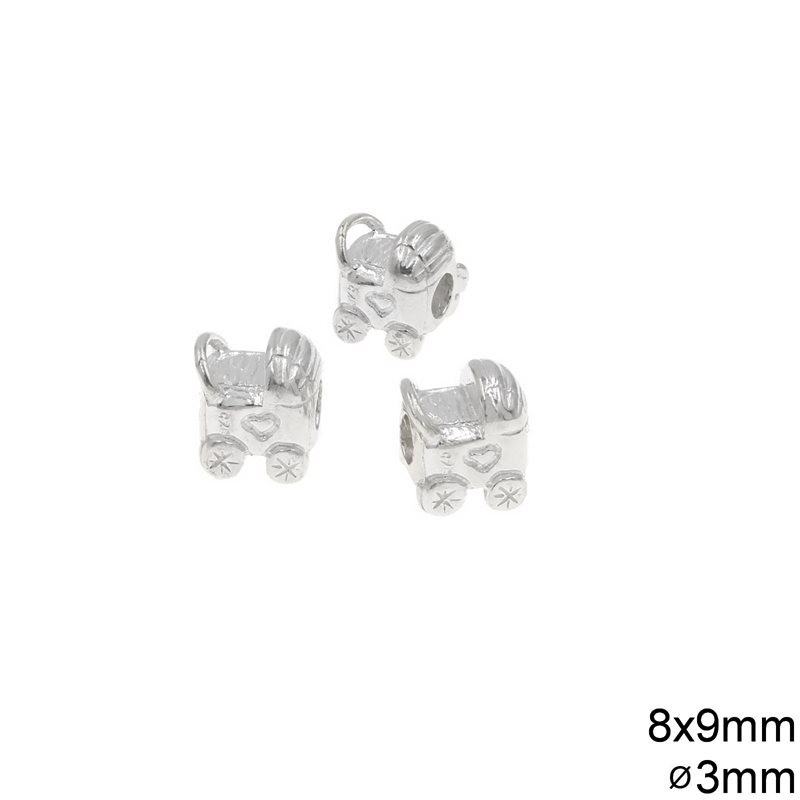 Silver 925 Baby Stroller Bead 8x9mm with 3mm hole